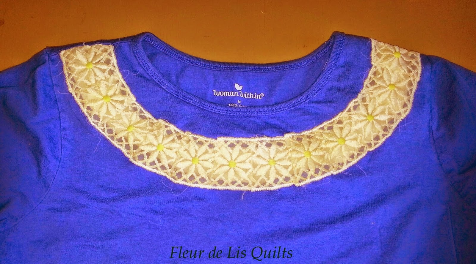 http://fleurdelisquilts.blogspot.com/2014/05/embellish-favorite-tee-with-vintage-lace.html